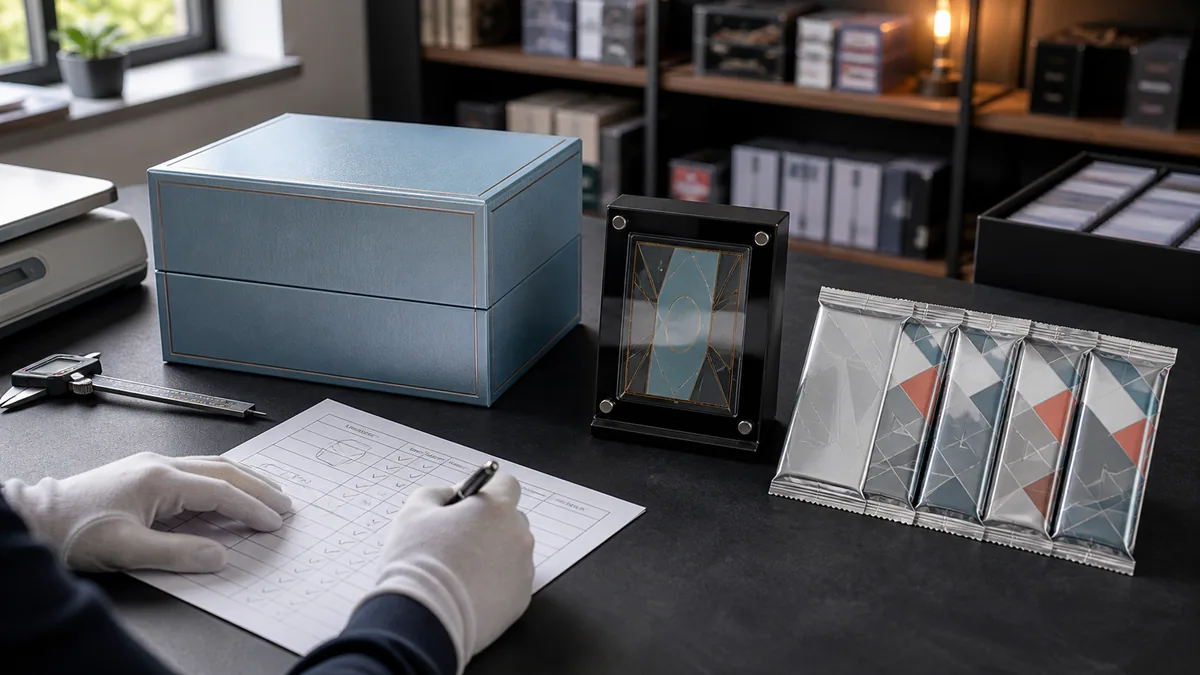 Compratore che confronta la scatola regalo della carta di trading generico, il set di display e i formati del pacchetto booster su una scrivania di inventario