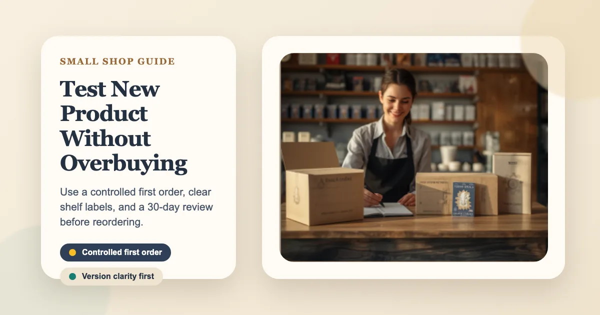 Piccolo proprietario del negozio di carte che esamina un piccolo ordine di prova di prodotti generici della carta di trading dietro un contatore del negozio