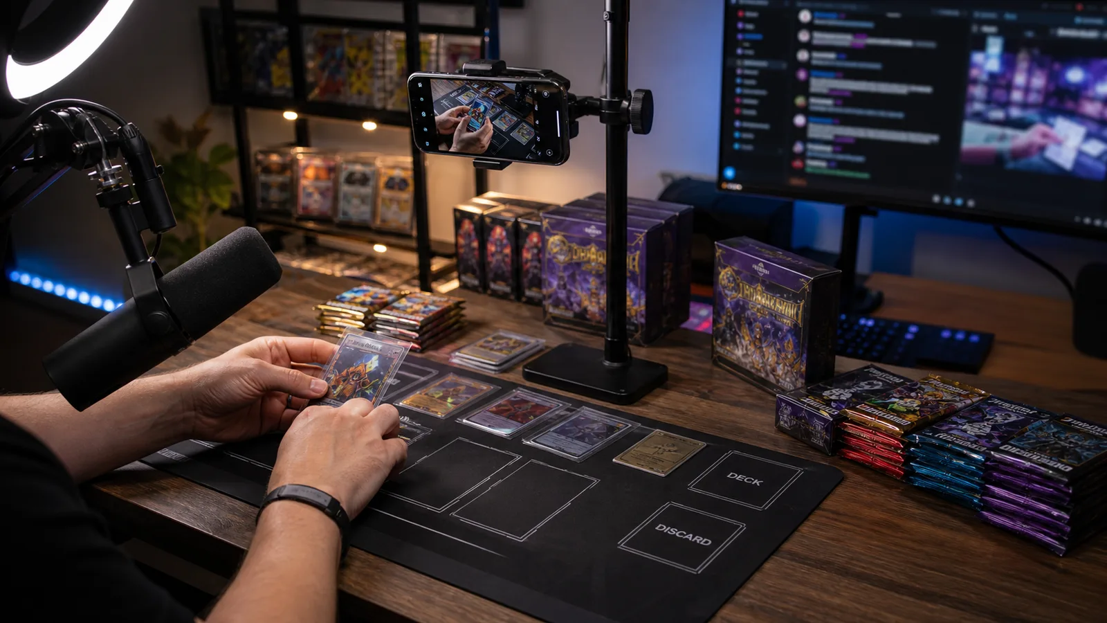 Postazione per live Pokémon TCG con telefono, illuminazione e confezioni di carte